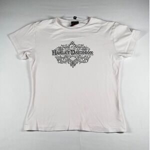 Harley Davidson Women's Cream Rhinestone Graphic T Shirt XL READ